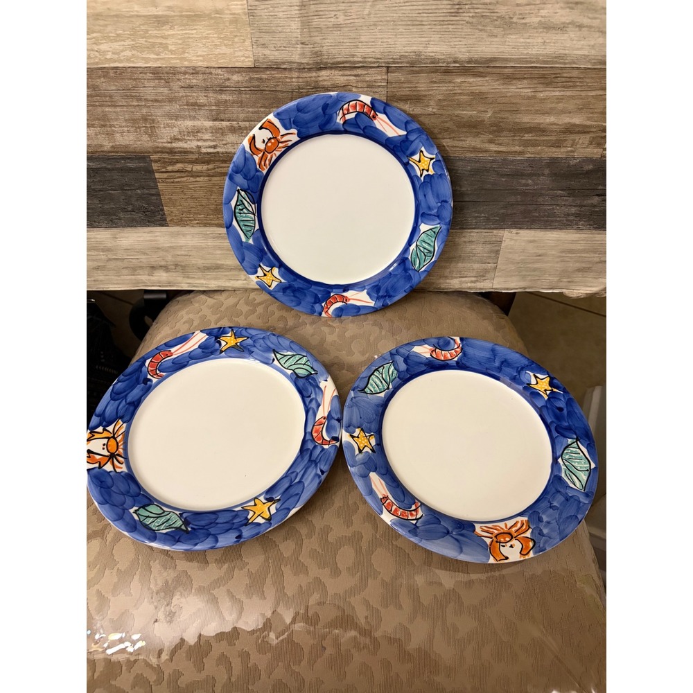 Pier 1 Handpainted Italy Sea Life dinner Plates Blue Crab Shrimp Starfish Set 3